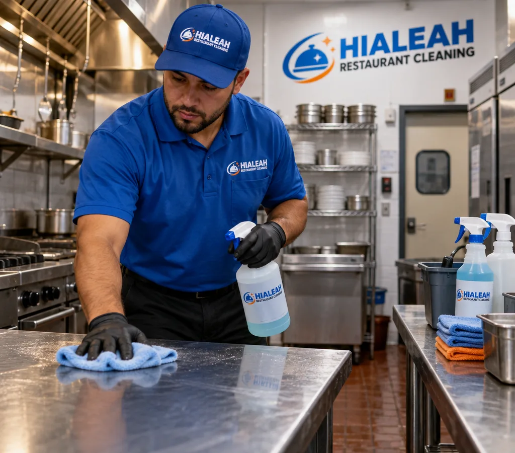 Uniformed cleaning technician sanitizing prep tables and stainless surfaces in a Hialeah restaurant