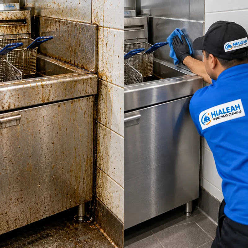 Detailed stainless fryer front and adjacent wall with grease film removed