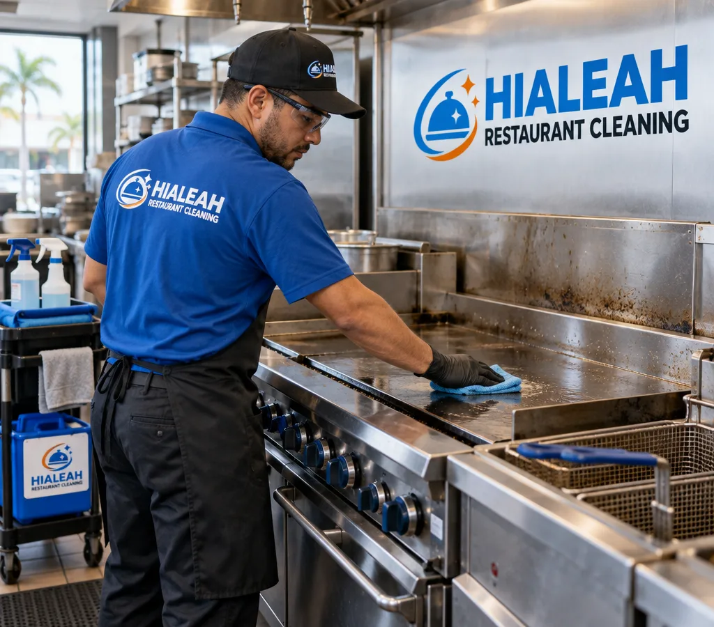 Professional cleaner in PPE detailing stainless steel cooking equipment on a commercial restaurant line