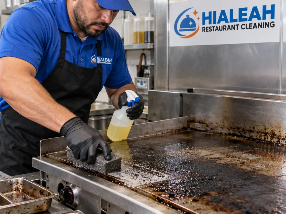 Technician scraping and degreasing baked-on carbon from a commercial flat top griddle