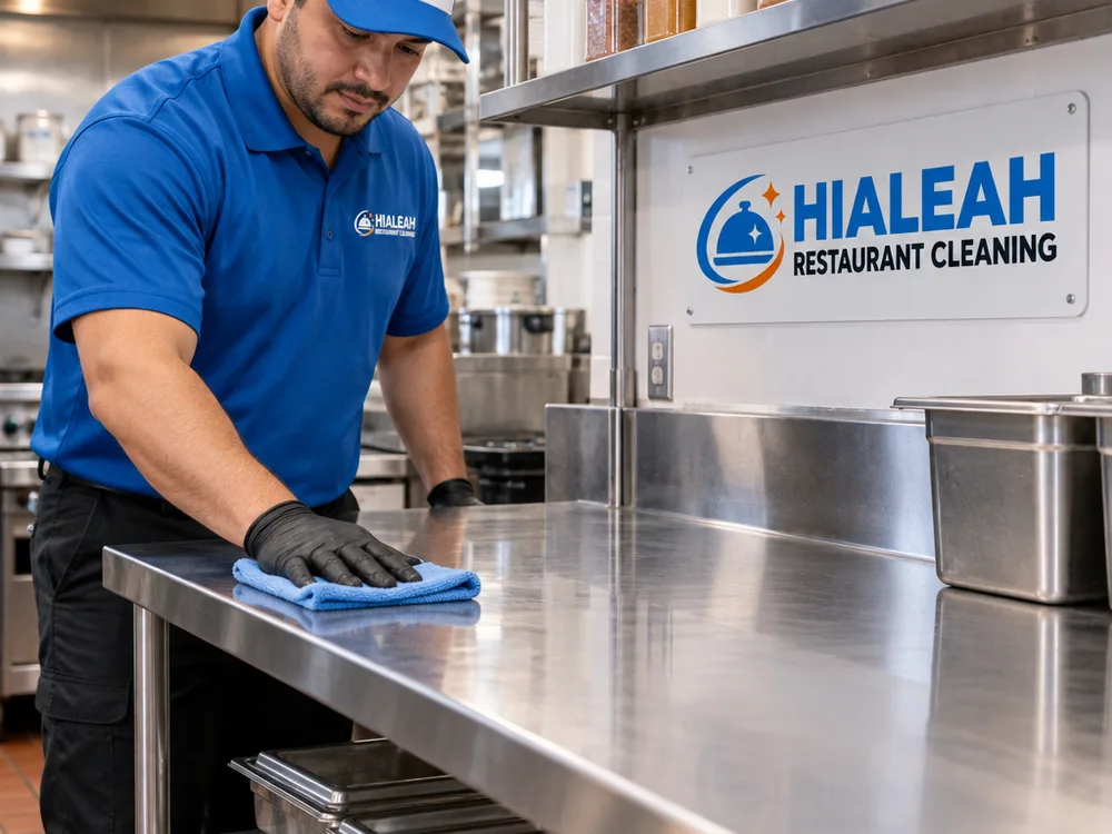 Cleaned commercial prep table with polished stainless surfaces and organized shelving
