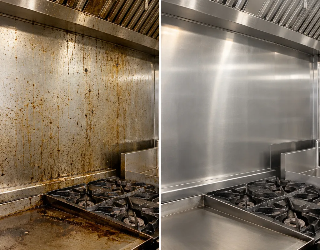 Before-and-after comparison of a greasy stainless backsplash cleaned to a uniform finish