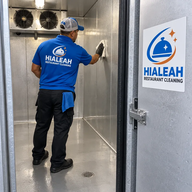 Sanitized walk-in cooler interior with clean shelving, floor, corners, and door gasket area