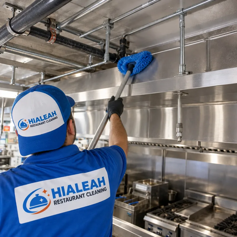 Cleaned ceiling-level ledges, pipes, and conduit above a commercial cook line after high dusting