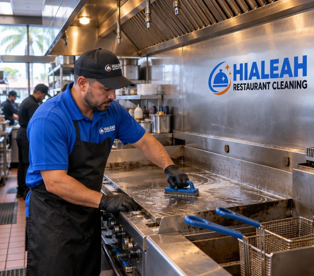 Technician performing detailed degreasing on a stainless commercial restaurant cook line