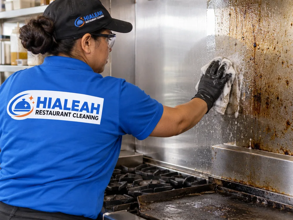Cleaner hand-detailing a greasy backsplash and stainless side panels beside a commercial range