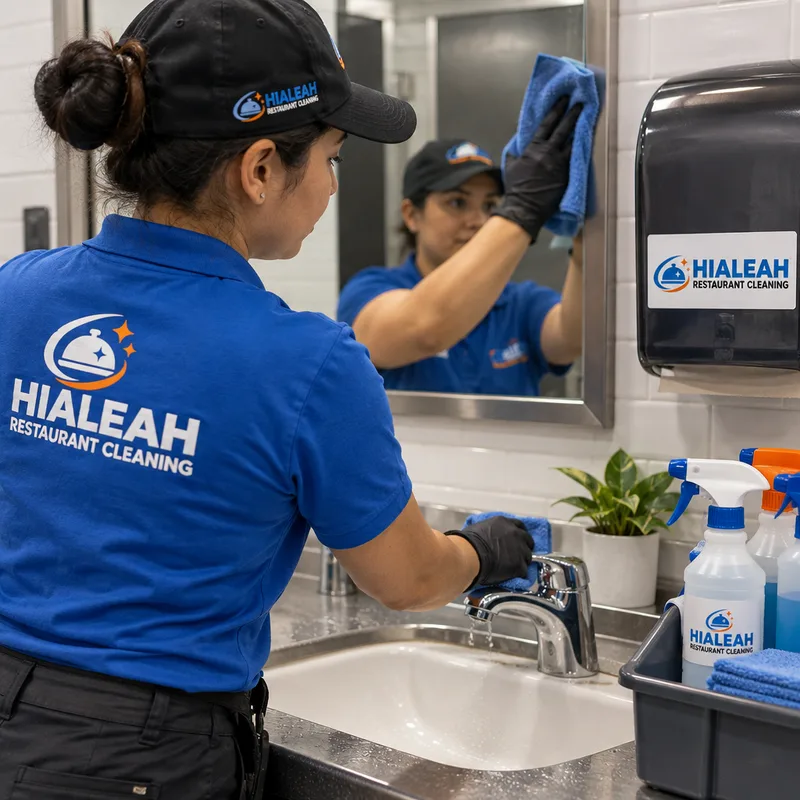Cleaner disinfecting a restaurant restroom sink, faucet, mirror, and dispenser fronts