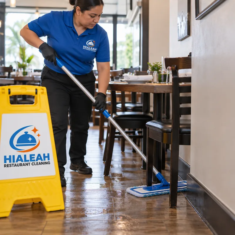 Dining room floor cleaning along baseboards and under table legs with wet floor signage