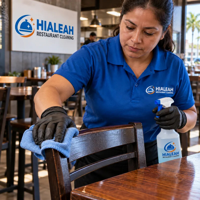 Cleaner wiping and sanitizing a restaurant table edge and chair backs