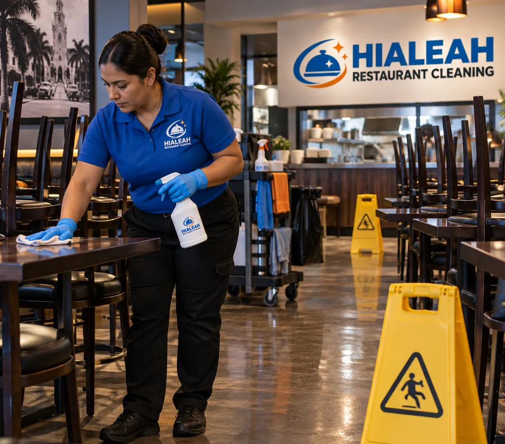 After-hours restaurant dining room cleaning in Hialeah with tables sanitized and wet floor signs visible