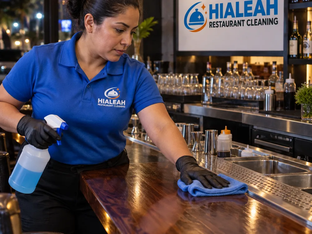 Cleaner detailing a restaurant bar area at night and removing sticky residue near the service well