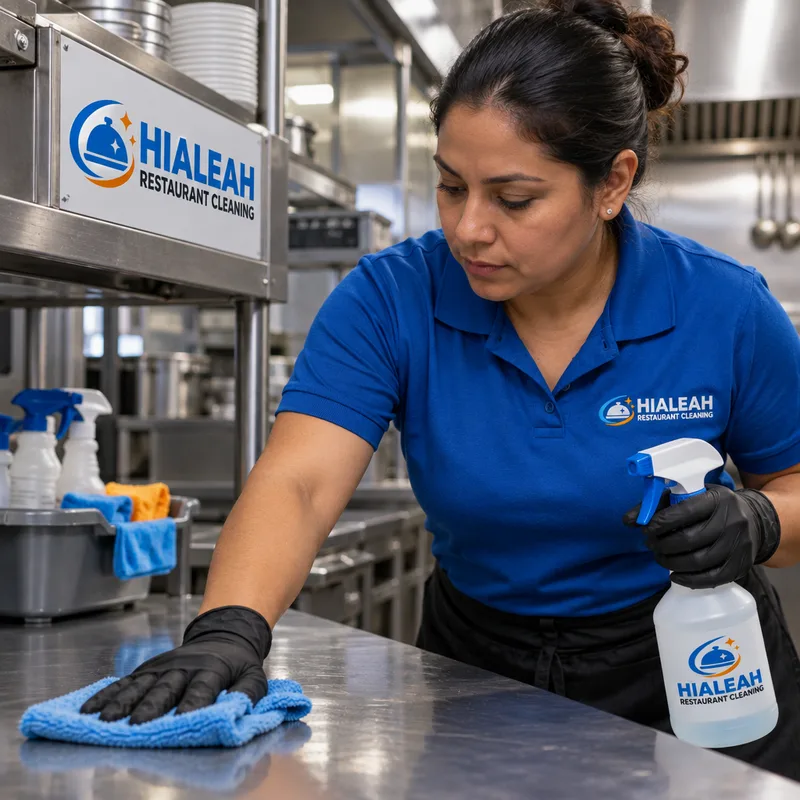 Janitorial worker wiping stainless steel and sanitizing commercial kitchen touchpoints after hours