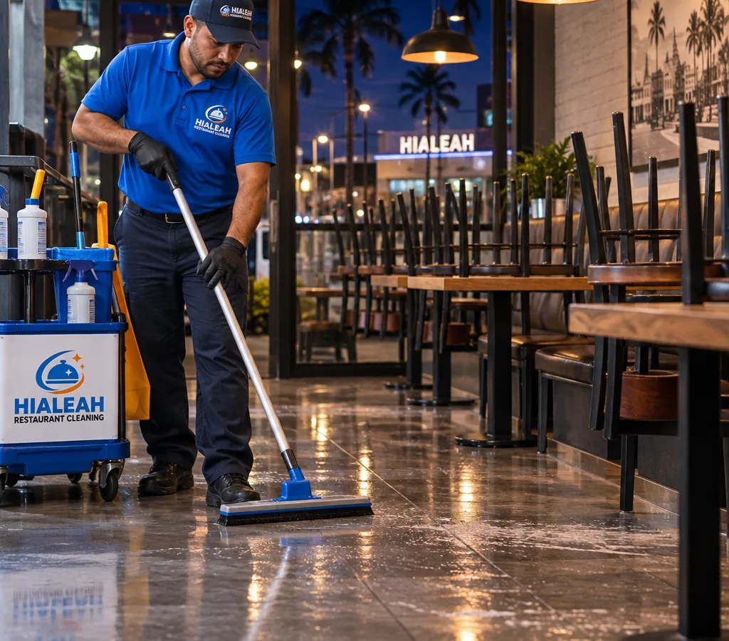 After-hours janitorial technician cleaning floors and touchpoints inside a restaurant