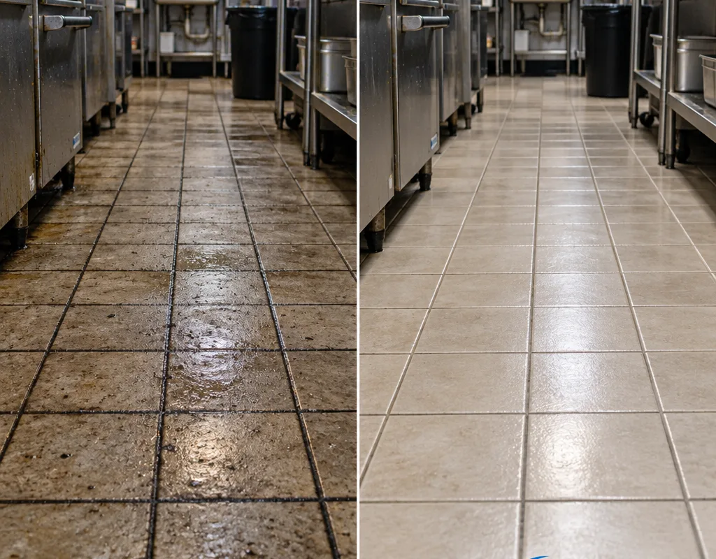 Before-and-after comparison of greasy kitchen tile and grout restored to a brighter, more uniform appearance