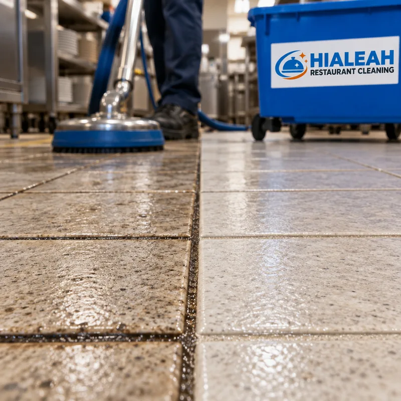Close-up of cleaned grout lines and textured restaurant kitchen tile with surface grease film removed