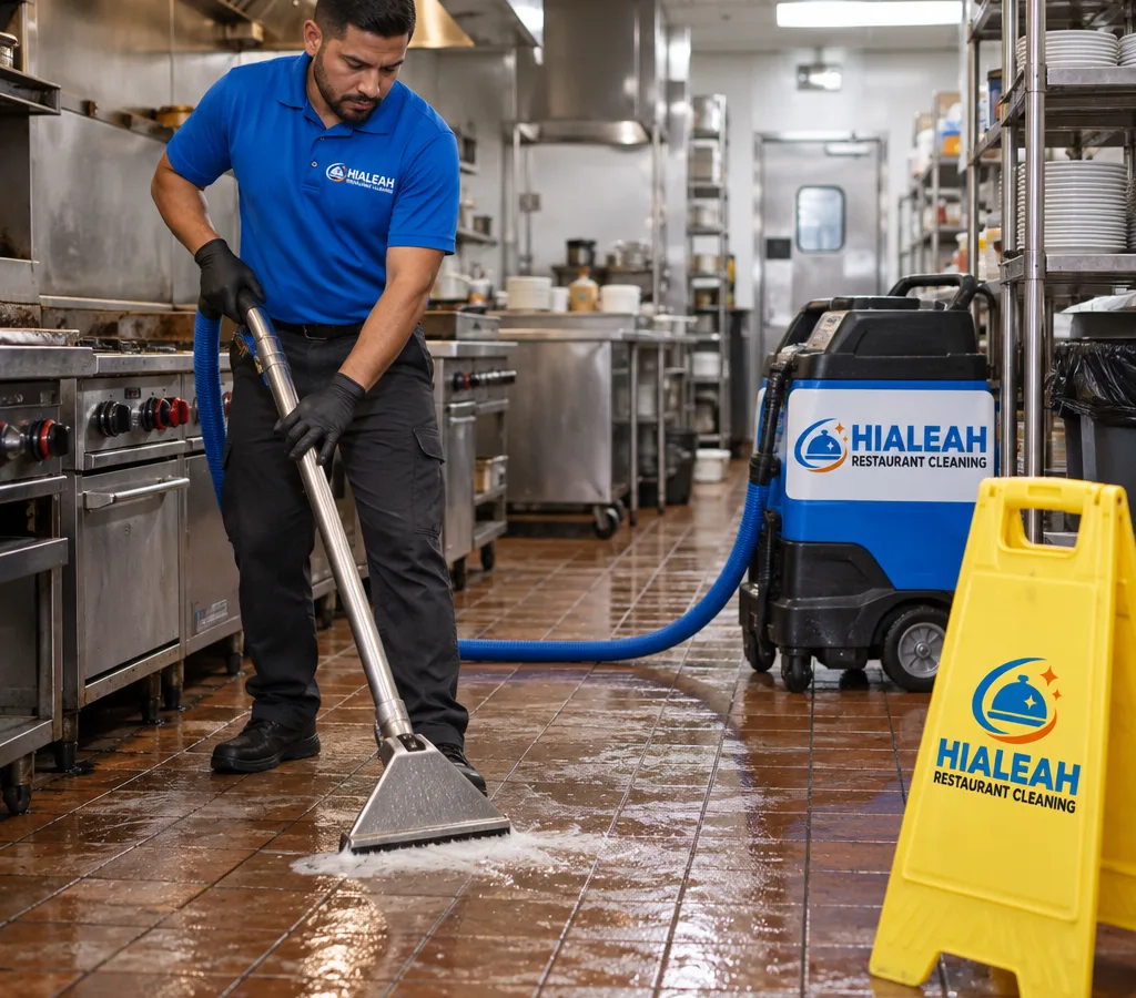 Technician scrubbing and extracting grease from a busy restaurant kitchen tile floor with wet floor signage and safely staged equipment