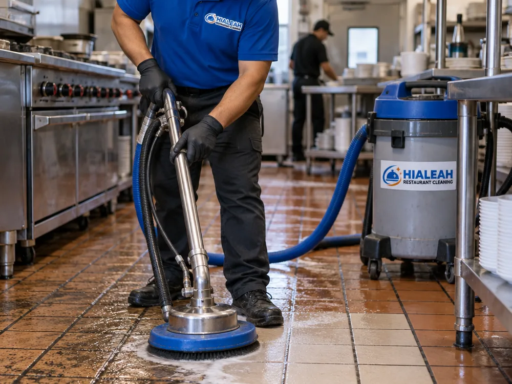 Rotary scrubber cleaning quarry tile and dark grout lines with a recovery tool visible