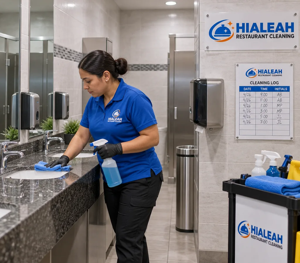 Spotless commercial restaurant restroom with clean tile, polished fixtures, stocked dispensers, and a cleaning log