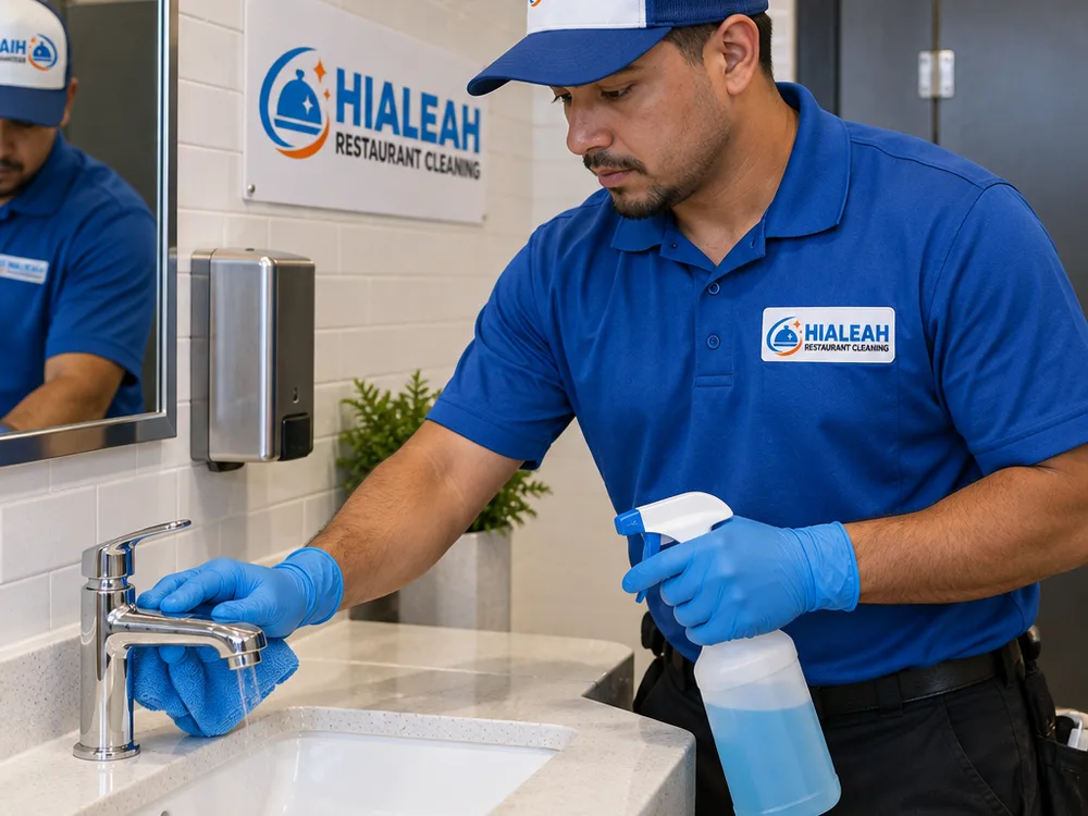 Gloved technician disinfecting sink, faucet handles, soap dispenser, and mirror in a commercial restroom