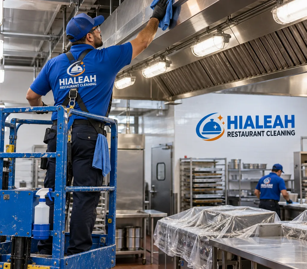 Technician on a lift wiping overhead beams and high ledges inside a protected commercial kitchen