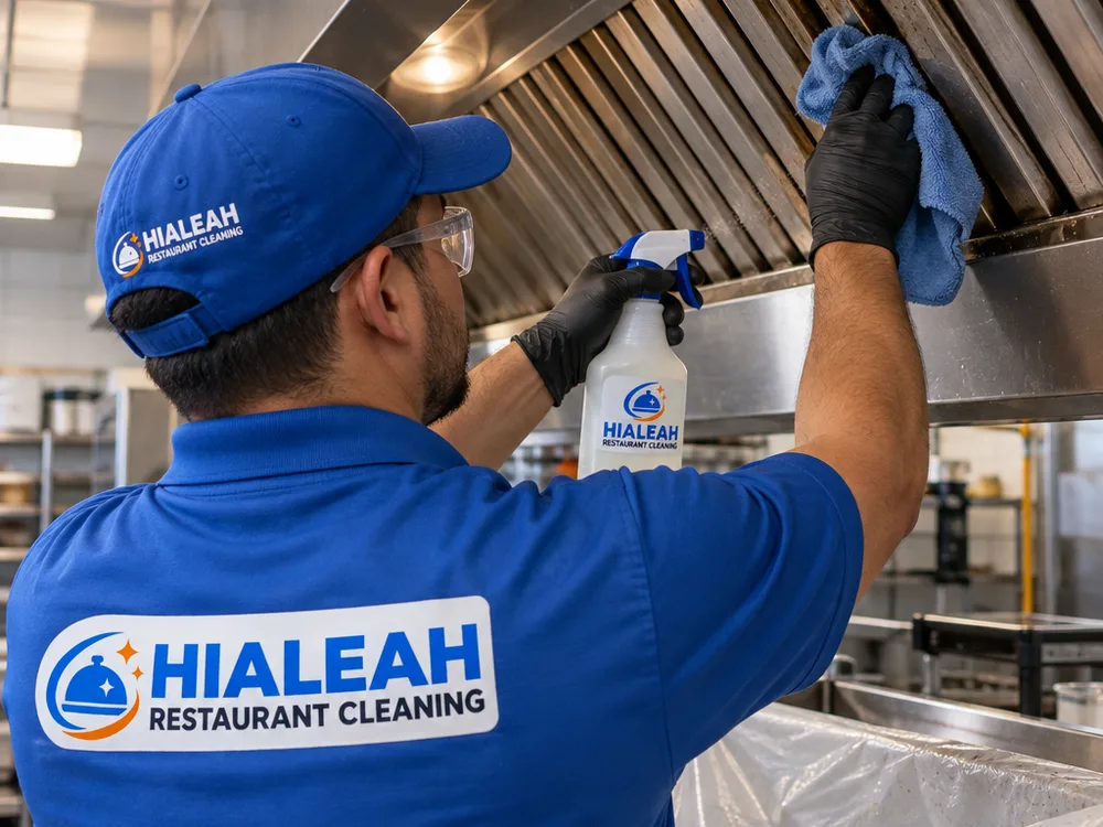 Gloved technician wiping a greasy ceiling vent grille with controlled spray and drop protection below