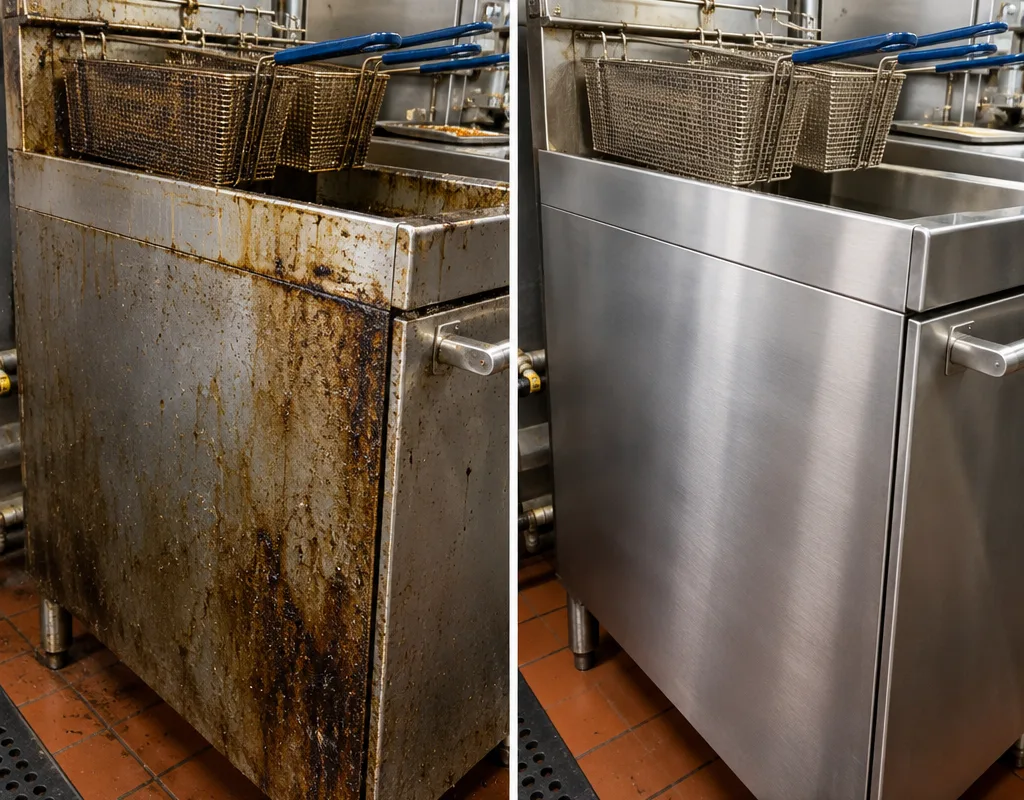 Commercial fryer exterior and side panel before cleaning with grease buildup and after cleaning with restored stainless, clean handles, and clean edges