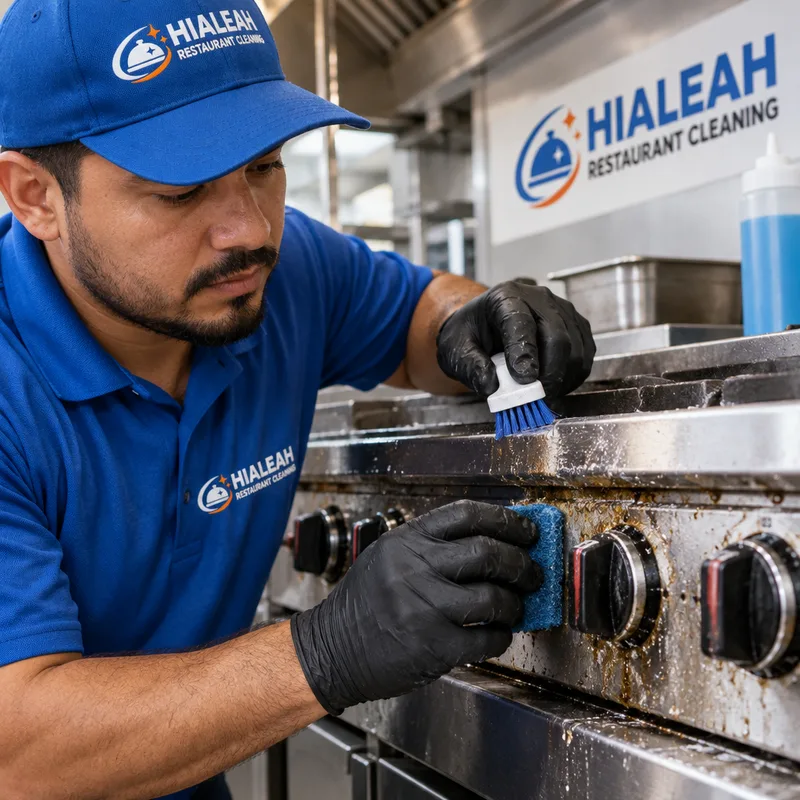 Hands using a non-scratch pad and brush to remove grime from the greasy seam and knobs of a commercial stainless range