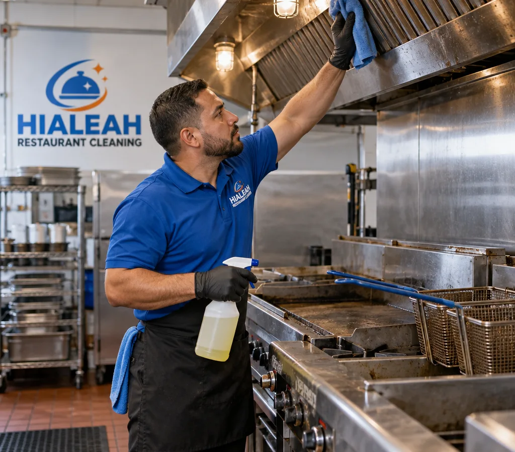 Technician cleaning stainless prep surfaces, a fryer exterior, and the hood-edge area on a commercial restaurant cook line