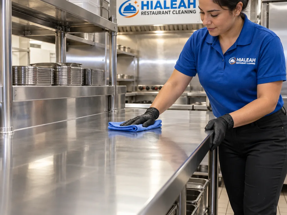Clean stainless prep table and shelving with wiped corners, seams, and undersides under bright commercial kitchen lighting