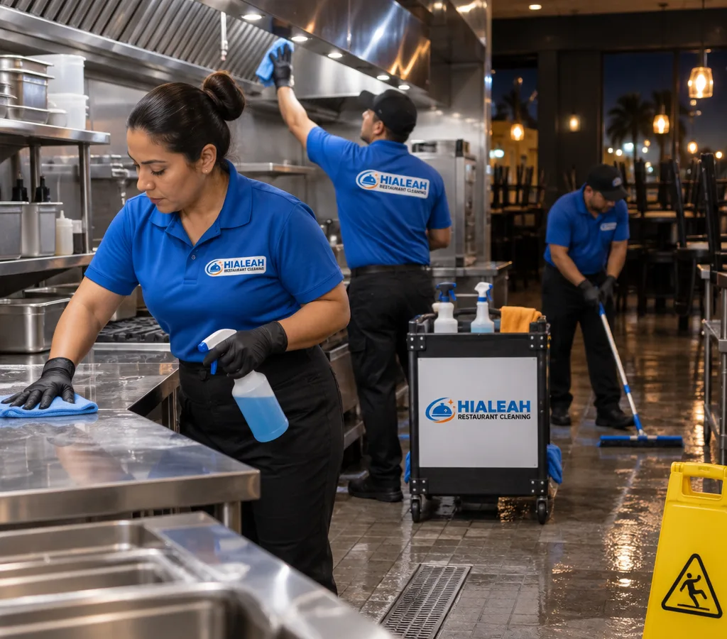 After-hours commercial cleaning crew sanitizing a restaurant kitchen line with stainless prep tables, hood area, and floors