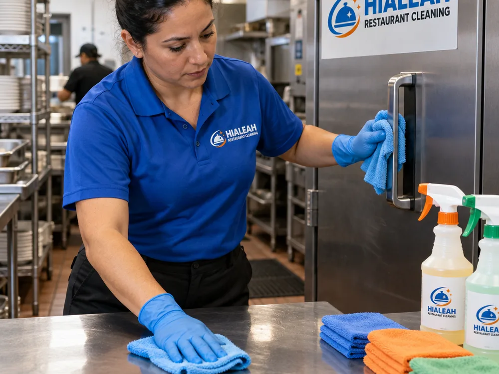 Cleaner detailing a stainless prep table and sanitizing high-touch handles with color-coded commercial cleaning supplies