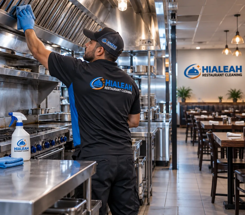 After-hours restaurant cleaner working along a commercial kitchen line with stainless prep tables and a clean dining area behind