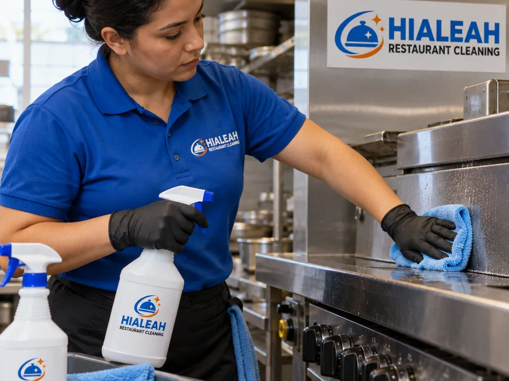 Gloved cleaner wiping stainless steel kitchen equipment with labeled spray bottles and microfiber cloths nearby