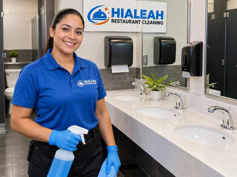 Sanitized restaurant restroom with clean fixtures, a streak-free mirror, stocked dispensers, and a dry floor
