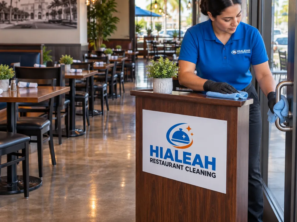 Restaurant dining area after cleaning with aligned chairs, clean floors, and wiped high-touch surfaces