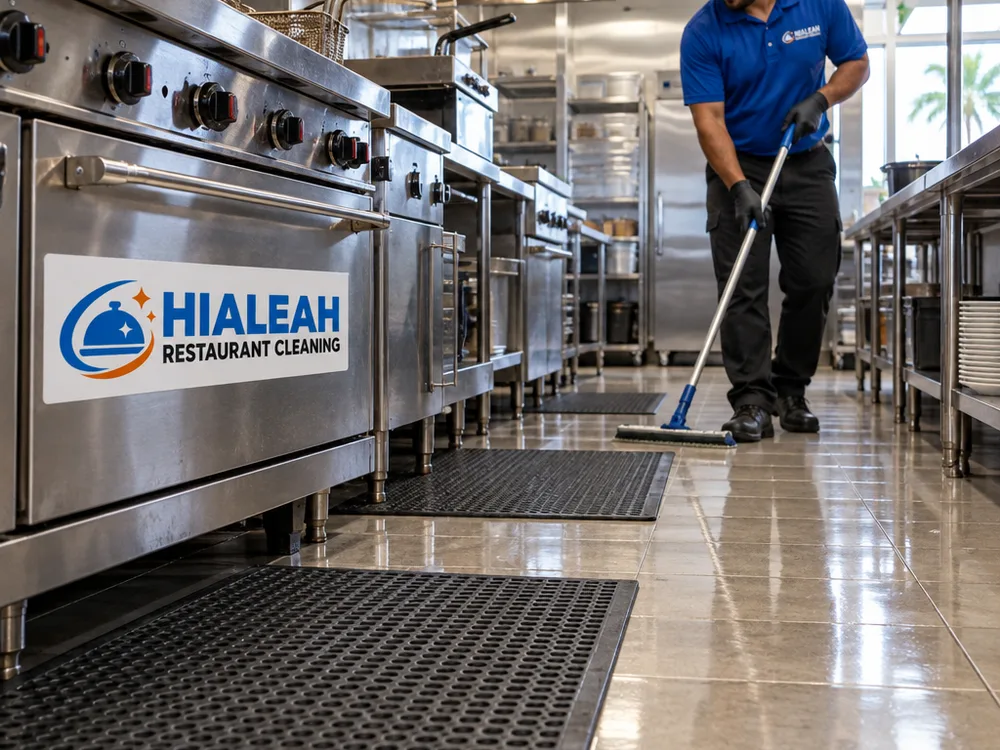 Cleaned commercial kitchen floor around a cook line with neatly placed mats and no standing residue