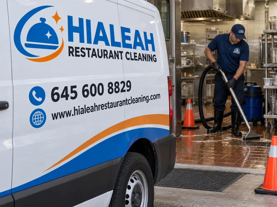 Technician using a wet extraction tool near a commercial kitchen floor drain with splash guards and safety cones