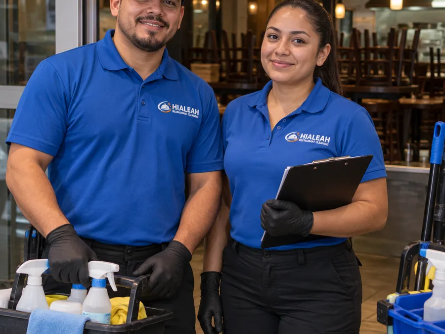 Two-person restaurant cleaning crew with caddies and a checklist