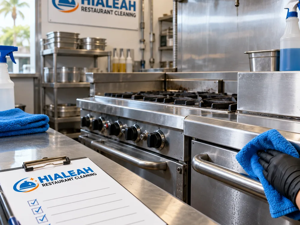 Commercial kitchen line being detailed with a cleaning checklist visible